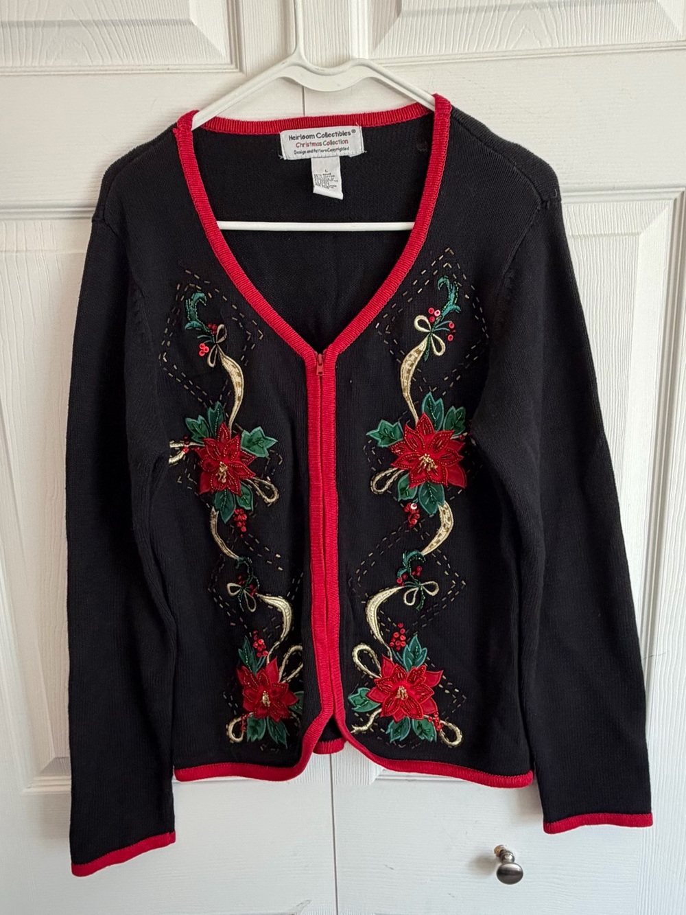 Vintage Heirloom Collectibles Christmas Cardigan Poinsettia Beaded Large